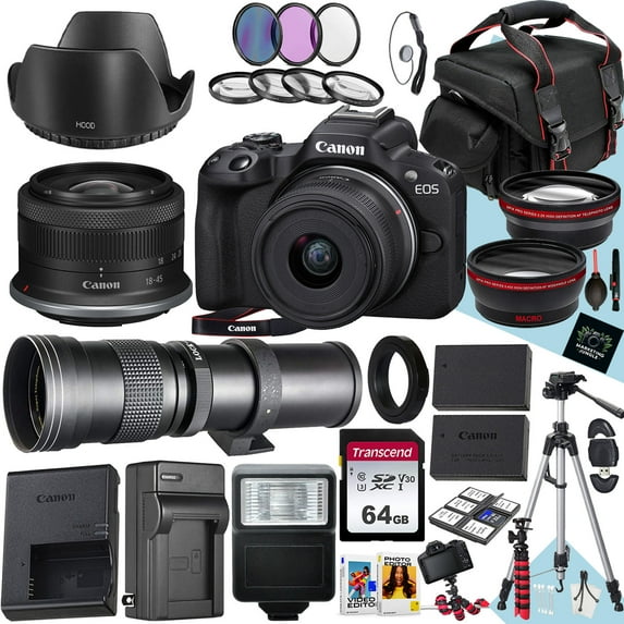 Canon EOS R50 Mirrorless Camera With RF-S 18-45mm f/4.5-6.3 IS STM And 420-800mm f/8.3 HD Telephoto Zoom Lens + 64 GB Memory + Filters + Tripod + More (30pc Bundle)