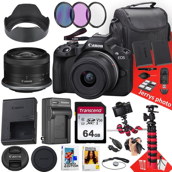 Canon EOS R50 Mirrorless Camera With RF-S 18-45mm f/4.5-6.3 IS STM Lens + 64 GB Memory + Hood + Extra Battery + Battery Charger + Filters + More (25pc Bundle) (International Version)