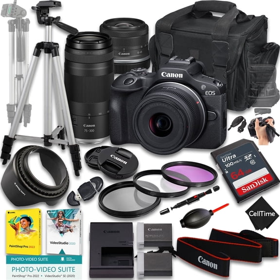 Canon EOS R50 Mirrorless Camera with RF-S 18-45mm f/4.5-6.3 IS STM And RF 75-300mm f/4-5.6 Lens + 64GB Memory + Extra Battery + Camera Case + Tripod + More (22pc Bundle) (International Version)