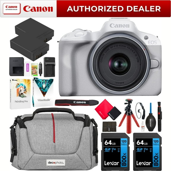 Canon EOS R50 Mirrorless Camera (White) with RF-S 18-45mm F4.5-6.3 IS STM Lens 5812C012 Bundle with Deco Gear Photography Bag + 2 x Battery + 2 x 64GB Memory Cards + Accessories Kit