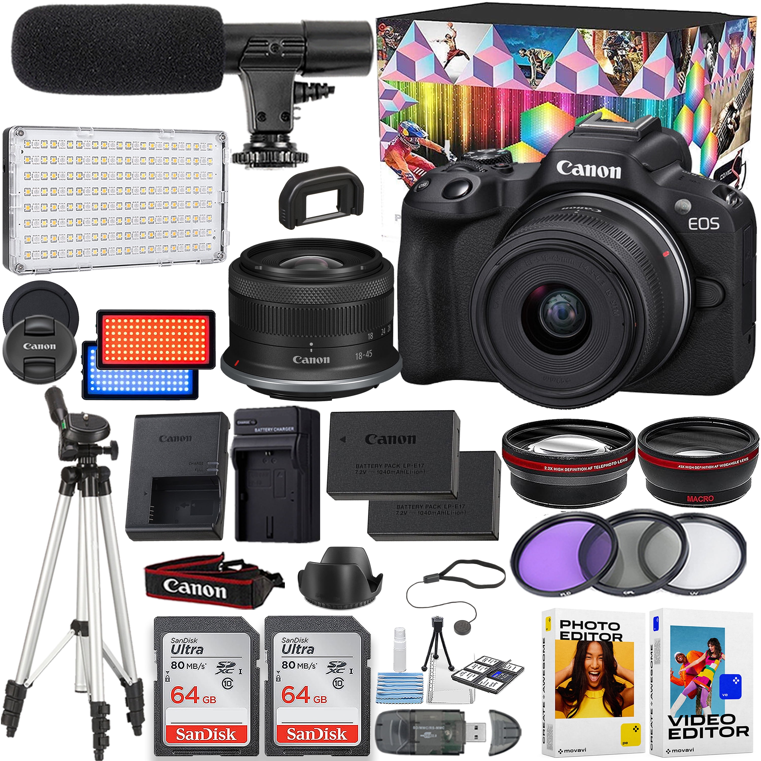 Canon EOS R50 Bundle Mirrorless Camera, Video Kit, 1845mm Lens, 2x