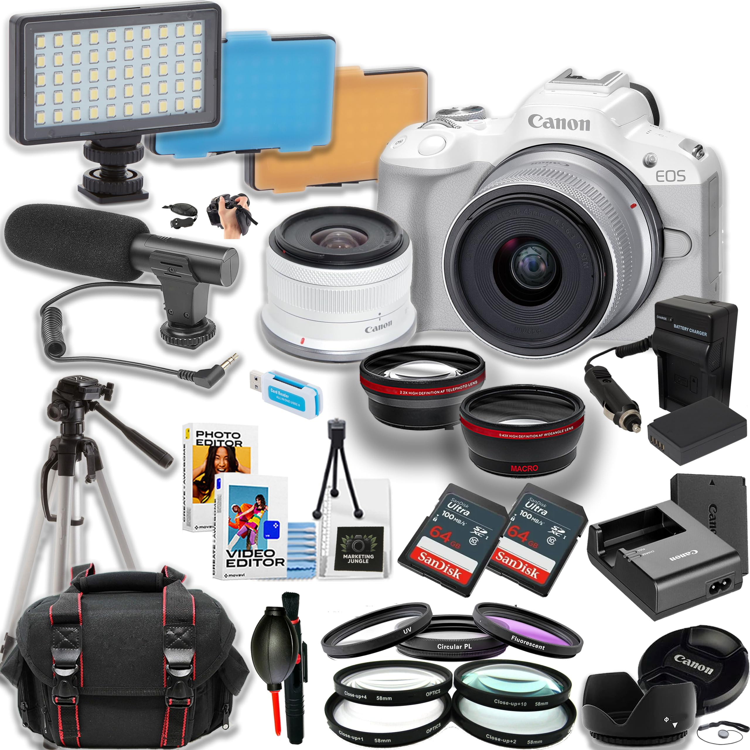 Canon EOS R50 Mirrorless Camera w/18-45mm Lens + 2pc 64GB Ultra Memory Card + Directional Mic + Tripod + Camera Case + More (24pc Bundle)