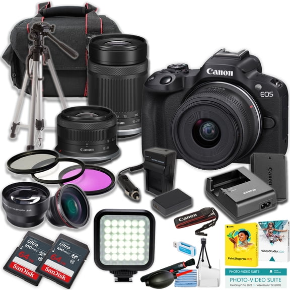 Canon EOS R50 Mirrorless Camera w/18-45mm and 55-210mm Lens + 2pc SanDisk 64GB Ultra Memory Card + LED Light + Tripod + More (21pc Bundle) (International Version)