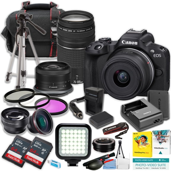 Canon EOS R50 Mirrorless Camera w/18-45mm and EF 75-300mm Lens + 2pc SanDisk 64GB Ultra Memory Card + LED Light + Tripod + More (21pc Bundle) (International Version)