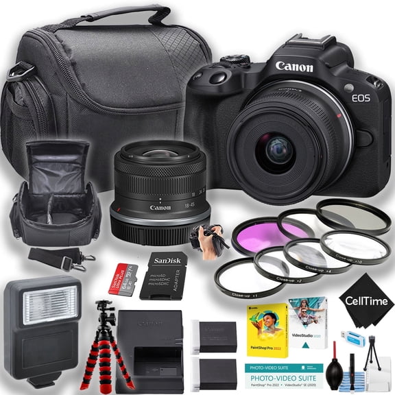 Canon EOS R50 Mirrorless Camera w/18-45mm lens + 64GB Memory Card + Extra Battery + Spider Tripod + More (18pc Bundle) (International Version)