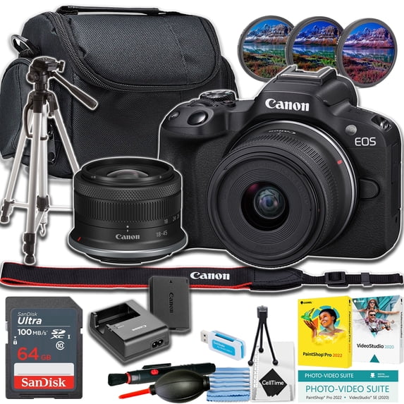Canon EOS R50 Mirrorless Camera w/18-45mm lens + 64GB Memory Card + Tripod + More (Beginner Bundle) (International Version)