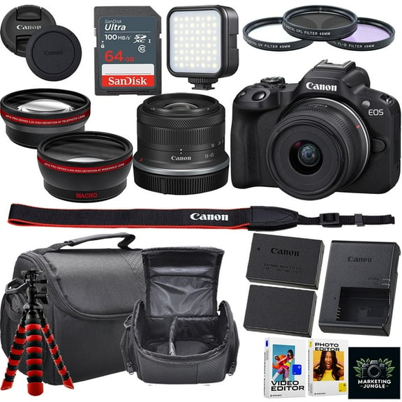 Canon EOS R50 Mirrorless Camera w/Canon RF-S 18-45mm f/4.5-6.3 is STM Lens + Camera Case + Extra Battery + 64GB Memory + Flexible Tripod + More (16pc Bundle) (International Version)