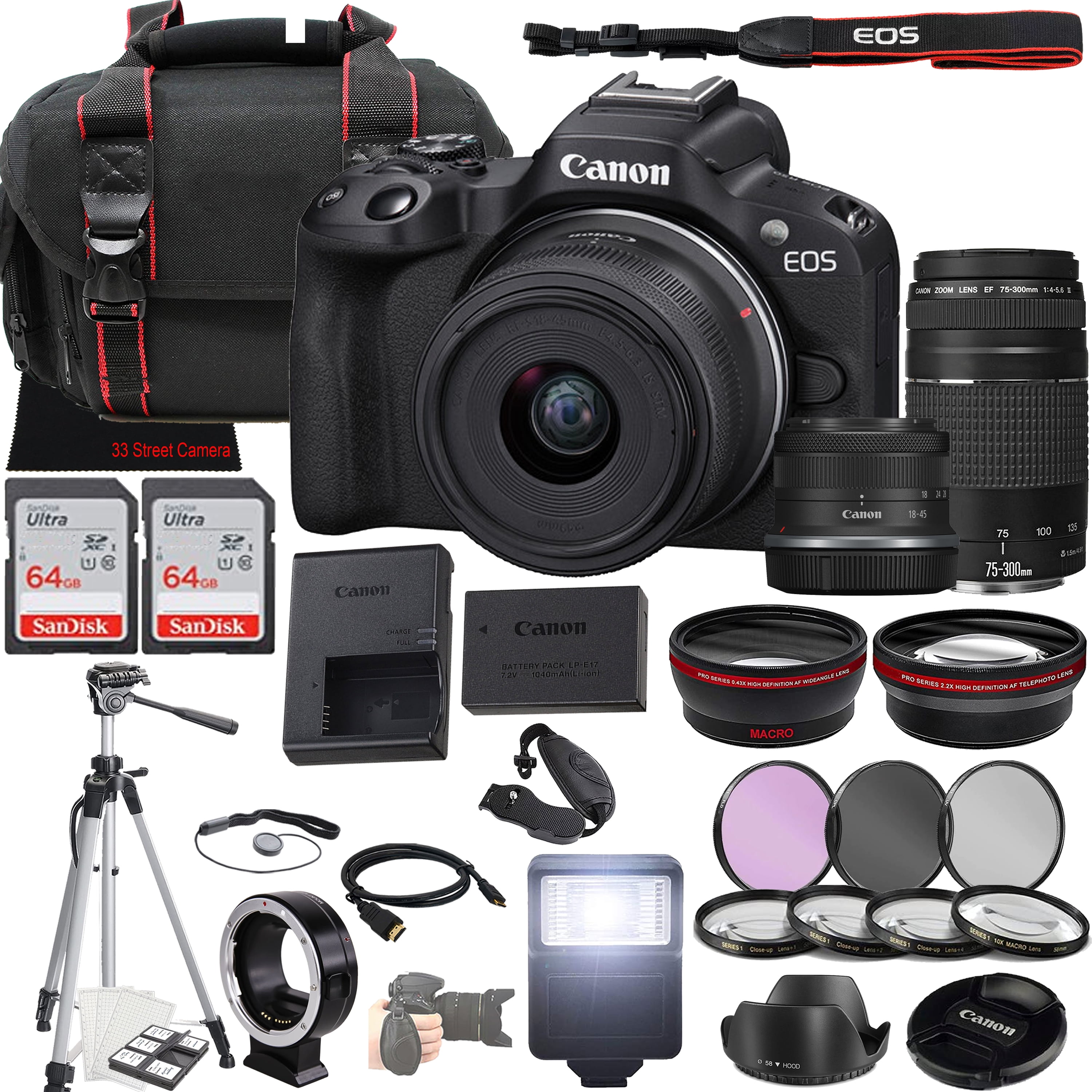 Canon EOS R50 Mirrorless Camera With Video Creator Kit + Canon RF-S 18-45mm  f/4.5-6.3 IS STM Lens + 2pc 64GB Memory Cards + Softwear Editor + Tripod &  More 