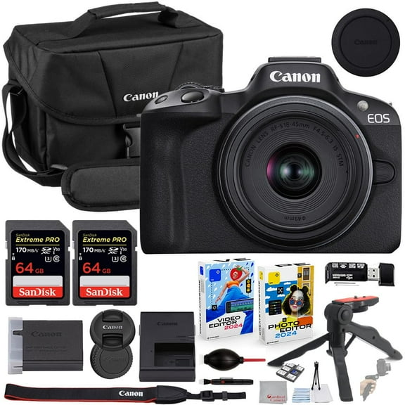 Canon EOS R50 Mirrorless Camera with 18-45mm Lens Bundle with Canon 200ES EOS Shoulder Bag + 2X 64GB Extreme Memory Cards + Accessory Kit