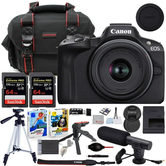 Canon EOS R50 Mirrorless Camera with 18-45mm Lens Bundle with Commander Gear Bag + Microphone + 2X 64GB Extreme Memory Cards + Accessory Kit