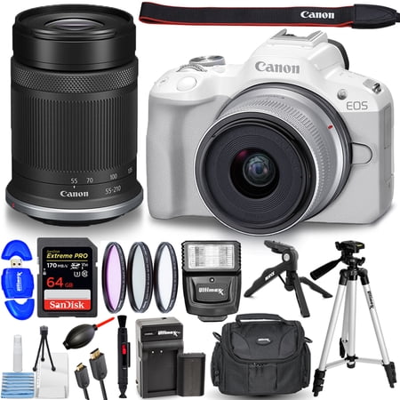 Canon EOS R50 Mirrorless Camera with 18-45mm and 55-210mm Lenses (White) Bundle