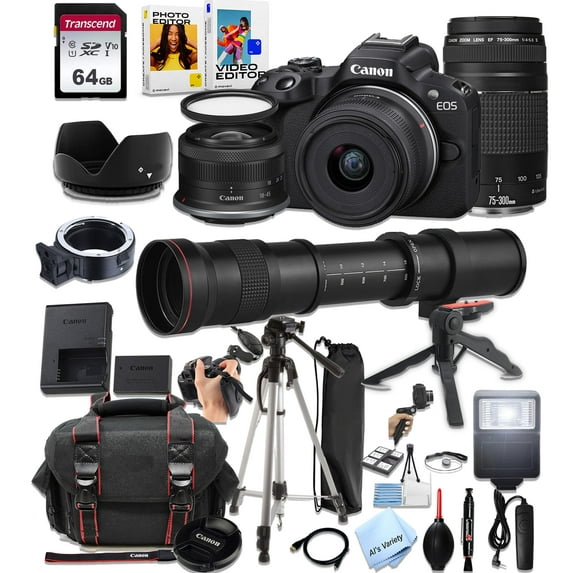 Canon EOS R50 Mirrorless Camera with 18-45mm and 75-300mm Lenses + 420-800mm Super Telephoto Lens + 64GB SD Card and More (International Version)