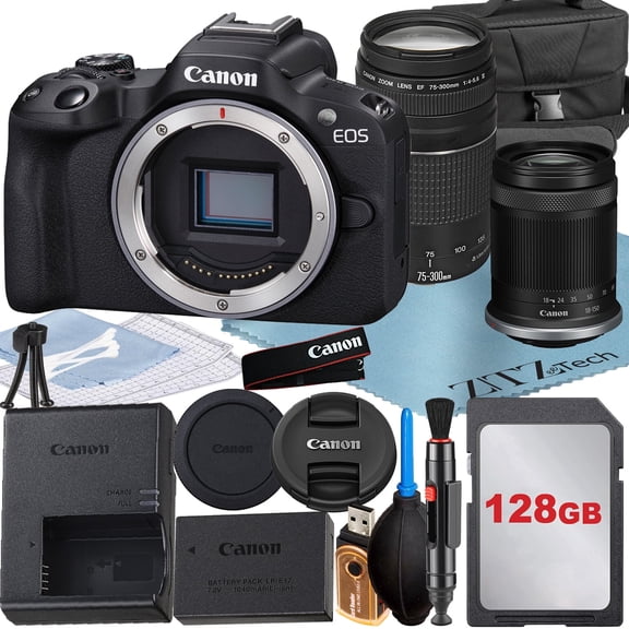 Canon EOS R50 Mirrorless Camera with RF-S 18-150mm + EF 75-300mm Lens + 128GB Memory Card + Case + ZeeTech Accessory Bundle (International Version)
