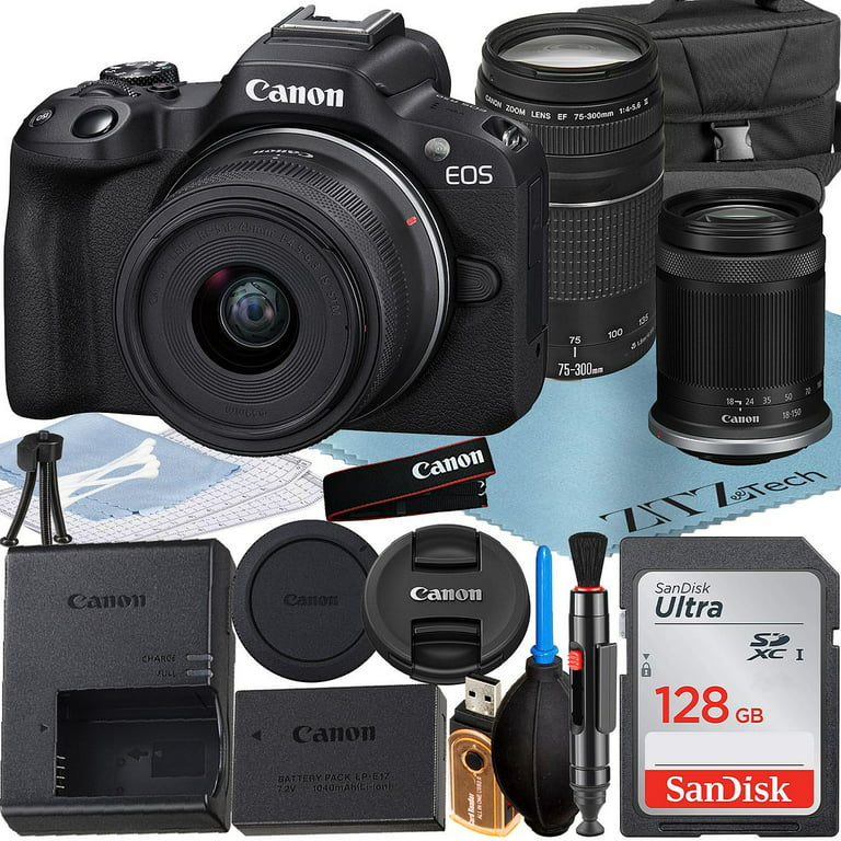 Canon EOS R50 Mirrorless Camera with RF-S 18-150mm + EF 75-300mm Lens +  SanDisk 128GB Memory Card + Case + ZeeTech Accessory Bundle 