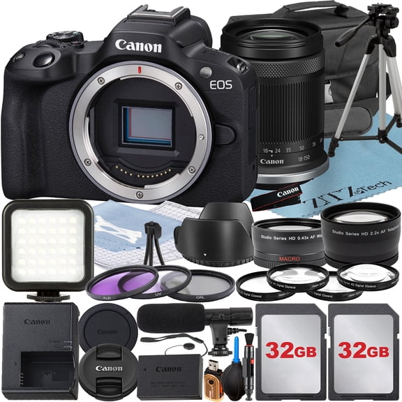 Canon EOS R50 Mirrorless Camera with RF-S 18-150mm Lens + 2 Pack 32GB Memory Card + Case + ZeeTech Accessory (International Version)