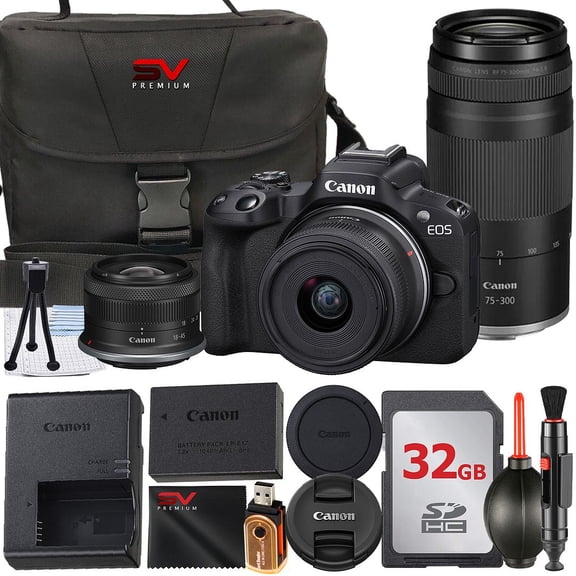 Canon EOS R50 Mirrorless Camera with RF-S 18-45mm + 75-300mm Lens + 32GB Memory Card + Case + SV Premium Accessory Bundle (International Version)