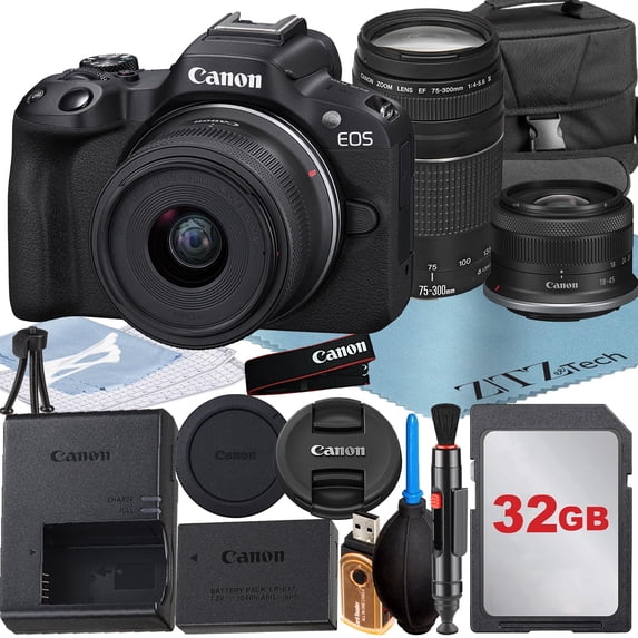 Canon EOS R50 Mirrorless Camera with RF-S 18-45mm + EF 75-300mm Lens + SanDisk 32GB Memory Card + Case + ZeeTech Accessory Bundle (International Version)