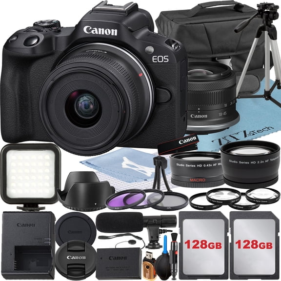 Canon EOS R50 Mirrorless Camera with RF-S 18-45mm Lens + 2 Pack 128GB Memory Card + Case + ZeeTech Accessory (International Version)
