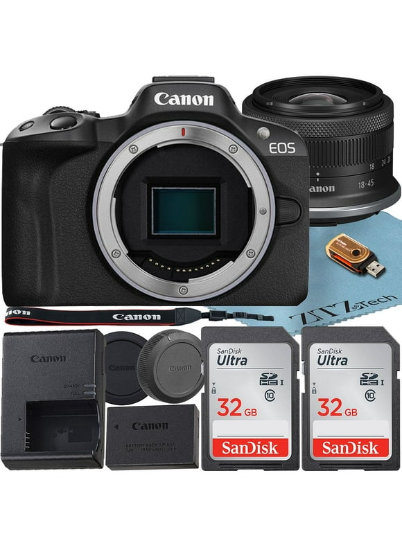 Canon EOS R50 Mirrorless Camera with RF-S 18-45mm f/4.5-6.3 IS STM Lens + 2 Pack SanDisk 32GB Memory Card + ZeeTech Accessory Bundle