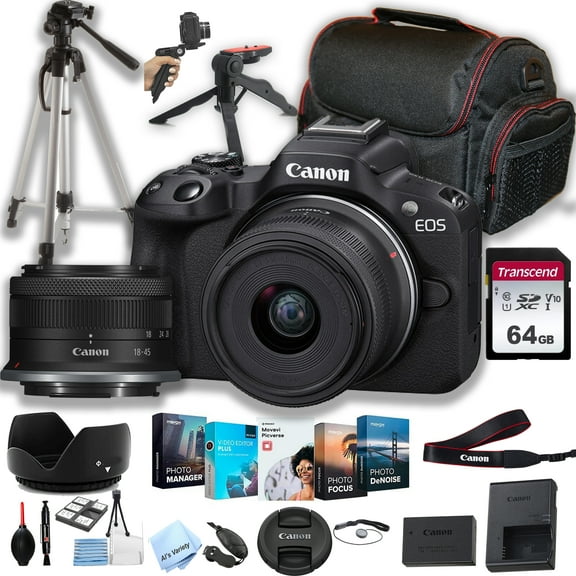 Canon EOS R50 Mirrorless Digital Camera with RF-S 18-45mm f/4.5-6.3 is STM Lens + 64GB Memory + Case+ Steady Grip Pod + Tripod+ Software Pack + More (30pc Bundle) (International Version)