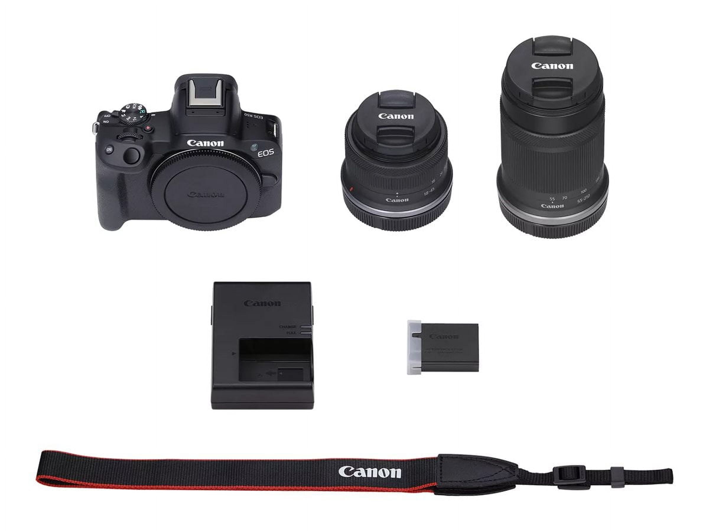 Canon EOS R50 Mirrorless Vlogging Camera (Black) w/RF-S18-45mm F4.5-6.3 is STM & RF-S55-210mm F5-7.1 is STM Lenses, 24.2 MP, 4K Video, Subject Detection & Tracking, Compact, Smartphone Connection