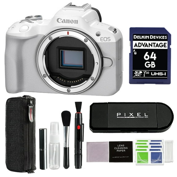 Canon EOS R50 Mirrorless Vlogging Camera (Body Only / White) with 64GB SD Card + Card Reader + More