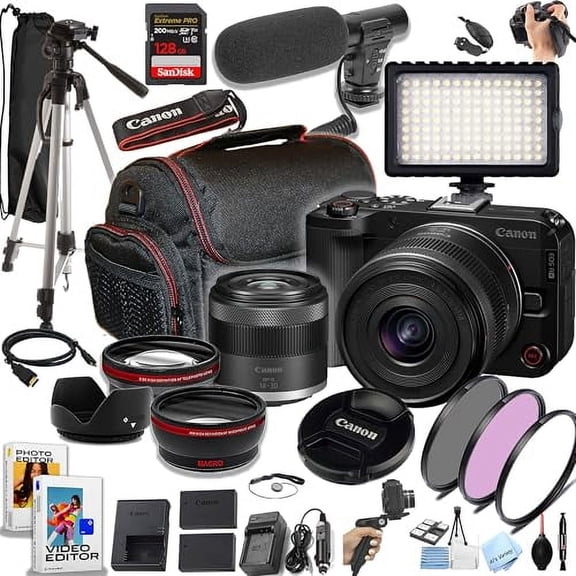 Canon EOS R50 V 24.2MP APS-C CMOS Sensor Mirrorless Camera with 14-30mm Lens, 128GB Memory, Video Light, Microphone, Grip, Filters, Lenses, Case, Software and More (International Model)