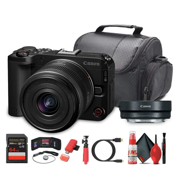 Canon EOS R50 V Camera + 1430mm Power Zoom Lens 24.2MP APS-C 4K60p Video Flip Screen (6895C012) + Adapter EF-EOS R + 64GB Memory Card +More (International Version)