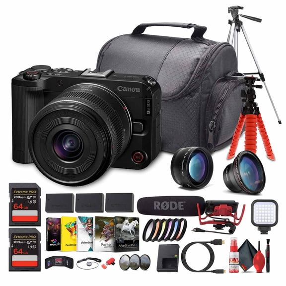 Canon EOS R50 V Camera + 1430mm Power Zoom Lens 24.2MP APS-C 4K60p Video Flip Screen All-in-One Vlogging for Creators & Influencers (6895C012) + Mic + Tripod + More (International Version)