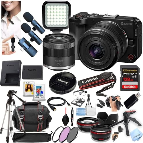 Canon EOS R50 V Mirrorless Camera with 14-30mm Lens + 128GB Extreme Memory, Wireless Lavalier Microphones, Lenses, Filters, Case, Tripod, Flash, Software, and More (Content Creator Bundle)