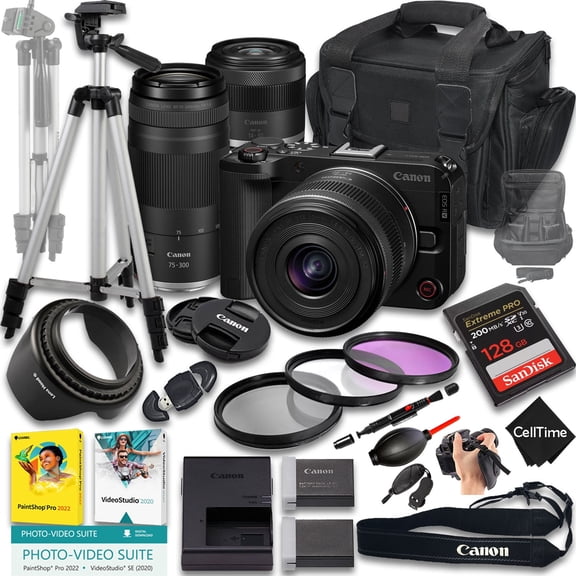 Canon EOS R50 V Mirrorless Camera with RF-S 14-30mm f/4-6.3 IS STM PZ And 75-300mm f/4-5.6 Lens + 128GB Memory + Extra Battery + Camera Case + Tripod + More (22pc Bundle) (International Version)