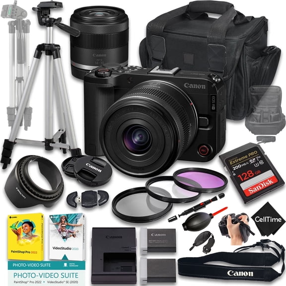 Canon EOS R50 V Mirrorless Camera with RF-S 14-30mm f/4-6.3 IS STM PZ Lens + 128GB Memory + Extra Battery + Camera Case + Tripod + More (19pc Bundle) (International Version)