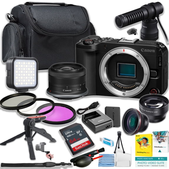 Canon EOS R50 V Mirrorless Camera w/18-45mm lens + Canon DM-E100 Directional Microphone + 64GB SanDisk Ultra Memory Card + LED Light + Gripster Tripod + More (18pc Bundle)