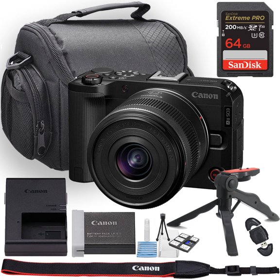 Canon EOS R50 V Mirrorless Camera w/Canon RF-S 14-30mm f/4-6.3 is STM PZ Lens + Camera Case + 64GB Memory + Deluxe Starter Kit + Hand Grip Stabilizer Tripod + More (13pc Bundle)