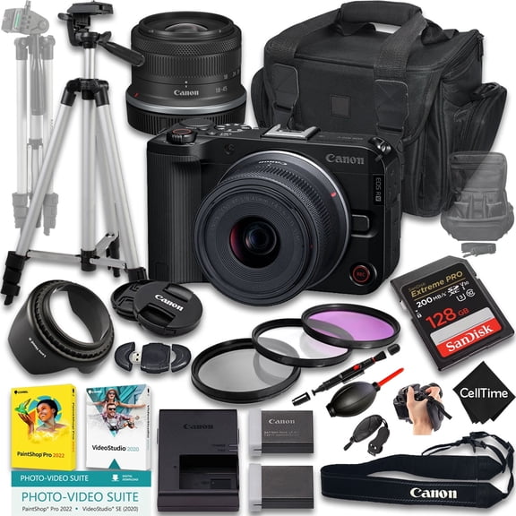 Canon EOS R50 V Mirrorless Camera with RF-S 18-45mm f/4.5-6.3 IS STM Lens + 128GB Memory + Extra Battery + Camera Case + Tripod + More (19pc Bundle) (International Version)