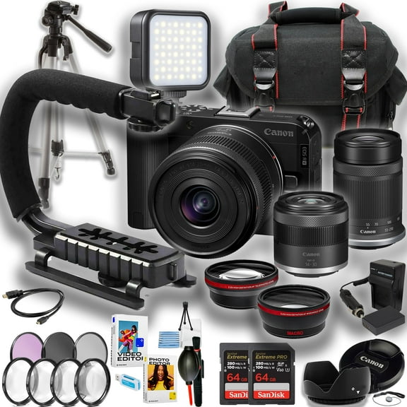Canon EOS R50V Mirrorless Camera w/ 14-30mm and 55-210mm Lens + LED Light + U-Grip + 50 Inch Tripod + 2pc Sandisk 64GB Extreme Pro Memory Card + More (26pc Bundle) (International Version)