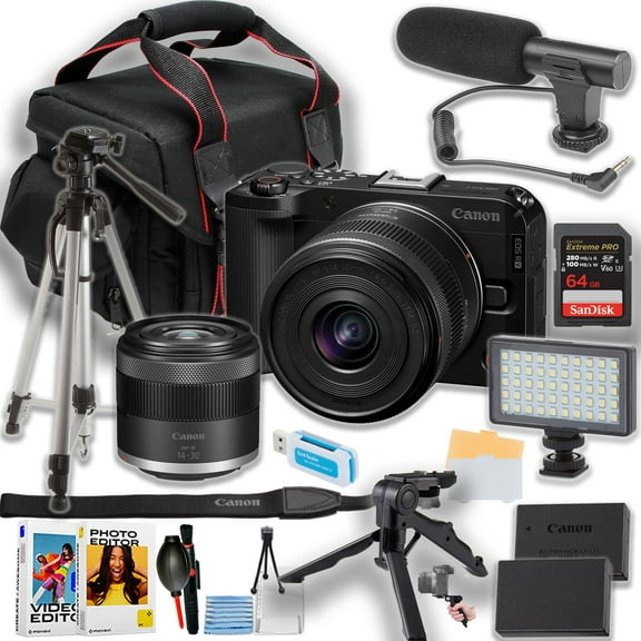 Canon EOS R50V Mirrorless Camera w/14-30mm Lens + Directional Microphone + Camera Case + LED Video Light + More (18pc Bundle)