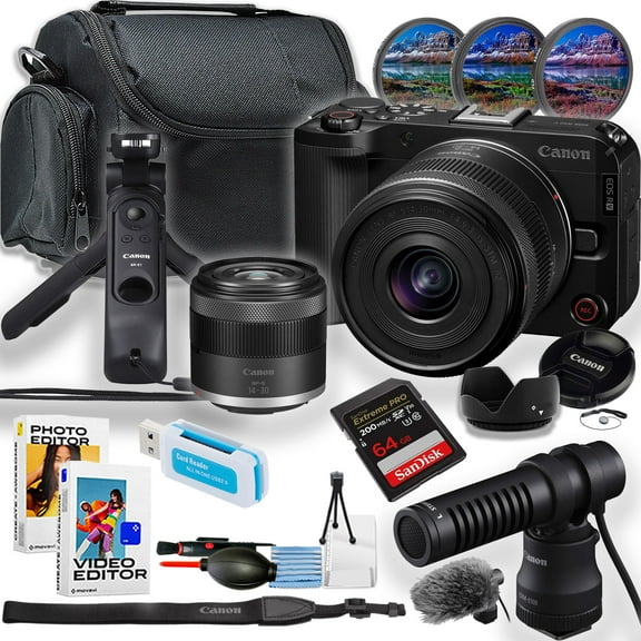 Canon EOS R50V Mirrorless Camera w/14-30mm Lens + HG-100TBR Tripod Grip + DM-E100 Directional Microphone + Sandisk 64GB Extreme Pro Memory Card + More (16pc Bundle) (International Version)
