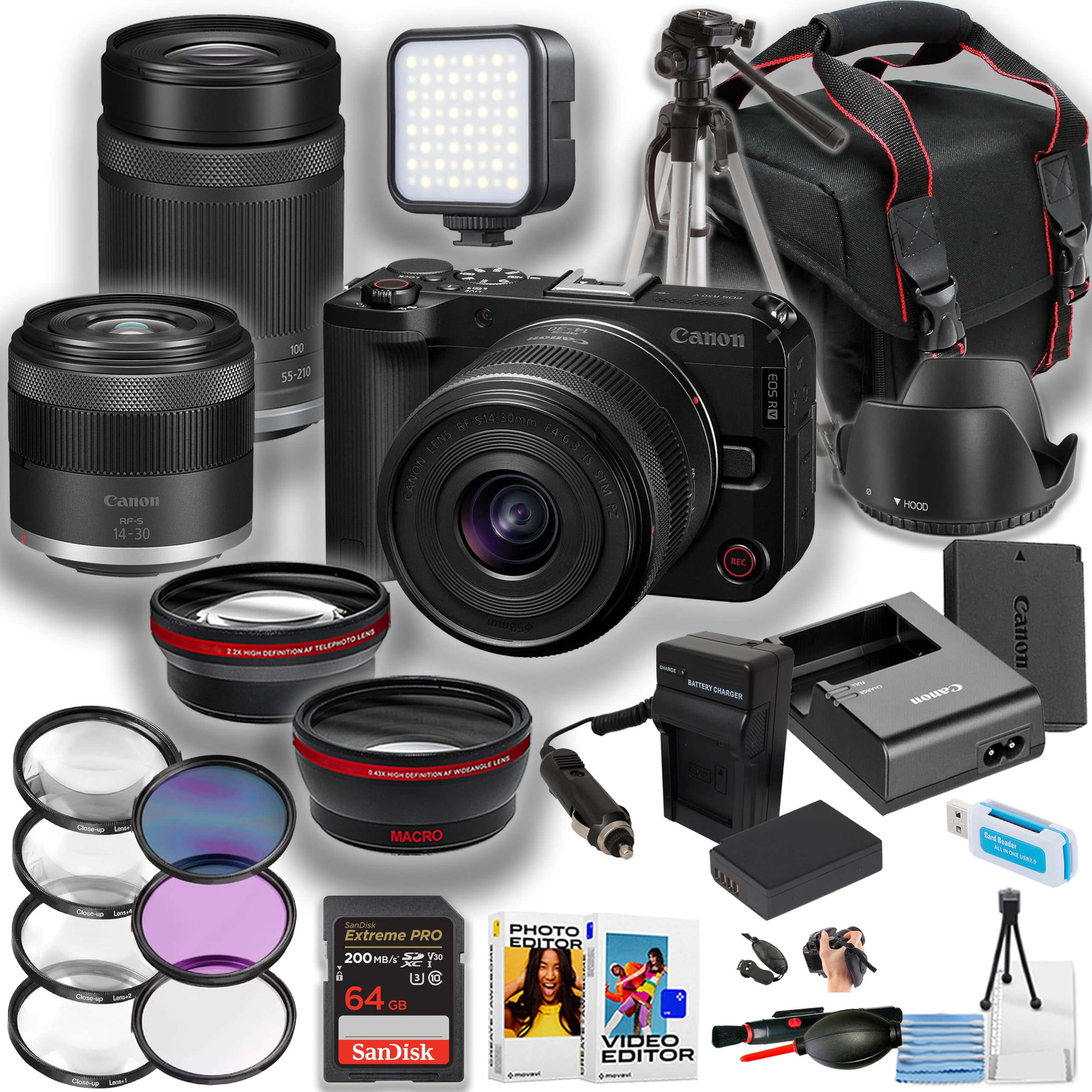 Canon EOS R50V Mirrorless Camera w/14-30mm and 55-210mm Lens + LED