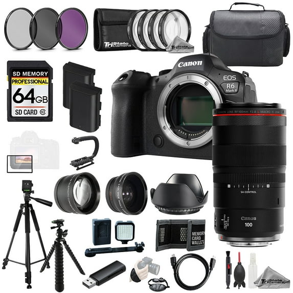 Canon EOS R6 II Camera + RF 100mm f/2.8 L Macro IS USM Lens+64GB+Ext Bat+9 PC Filter-MEGA Kit (International Version)