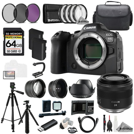 Canon EOS R6 II Camera + RF 24mm f/1.8 Macro IS STM Lens+64GB+Ext Bat+9 PC Filter-MEGA Kit (International Version)