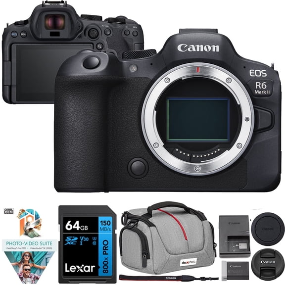 Canon EOS R6 Mark II Full-Frame 24.2 MP Mirrorless Camera (Body) Bundle w/ Lexar Premium PRO BLUE Series 64GB SDXC Memory Card + Deco Essentials Camera Bag + Corel Photo Video Suite