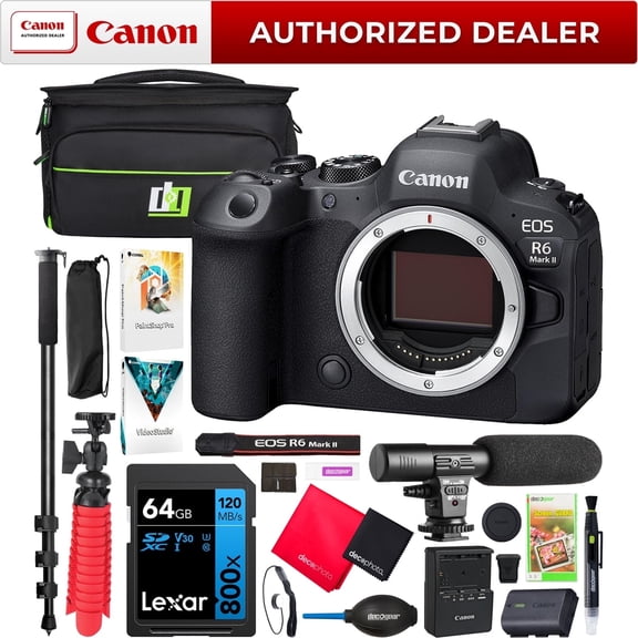 Canon EOS R6 Mark II Full Frame Mirrorless Interchangeable Lens Camera Body 5666C002 Bundle with Deco Gear Photography Bag + Microphone + Monopod + Software| Official Canon USA Dealer