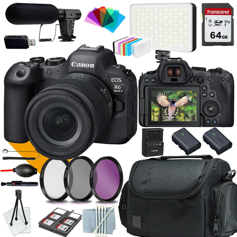 Canon EOS R6 Mark II Mirrorless Camera with RF 24-105mm Lens + EF 75-300mm  + Mount Adapter + 2 Pack SanDisk 64GB Memory Card + LED Flash + Case +  ZeeTech Accessory 