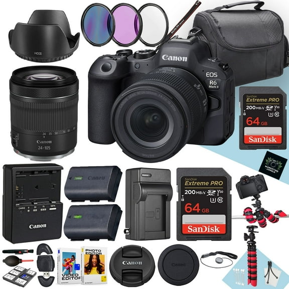 Canon EOS R6 Mark II Mirrorless Camera With 24-105mm f/4-7.1 IS STM Lens + 128GB And 64GB Memory + Hood + Extra Battery + Filters + More (26pc Bundle)