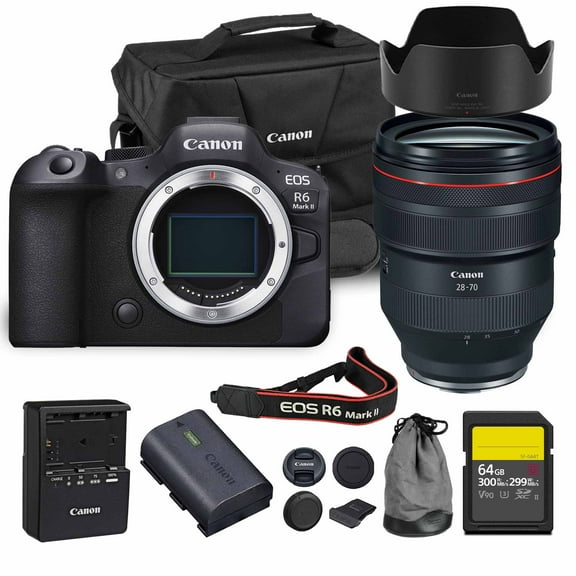 Canon EOS R6 Mark II Mirrorless Camera | 24.2MP Full Frame Sensor 4K 60p Video | Dual Pixel AF In-Body Stabilization for Professionals (5666C002) + Canon RF 28-70mm Lens + 64GB Card + Bag