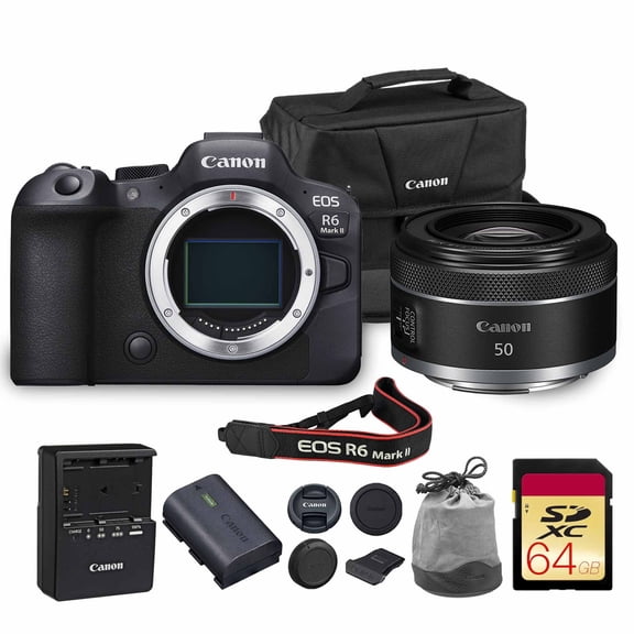 Canon EOS R6 Mark II Mirrorless Camera | 24.2MP Full Frame Sensor 4K 60p Video | Dual Pixel AF In-Body Stabilization for Professionals (5666C002) + Canon RF 50mm f/1.8 STM Lens + 64GB Card + Bag