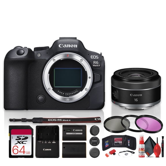 Canon EOS R6 Mark II Mirrorless Camera 24.2MP Full-Frame | Stop Motion Firmware, 4K60 10-bit Video, 40fps, 5-Axis Stabilization + RF 16mm f/2.8 STM Lens + 64GB Card + Filter Kit (International Model)