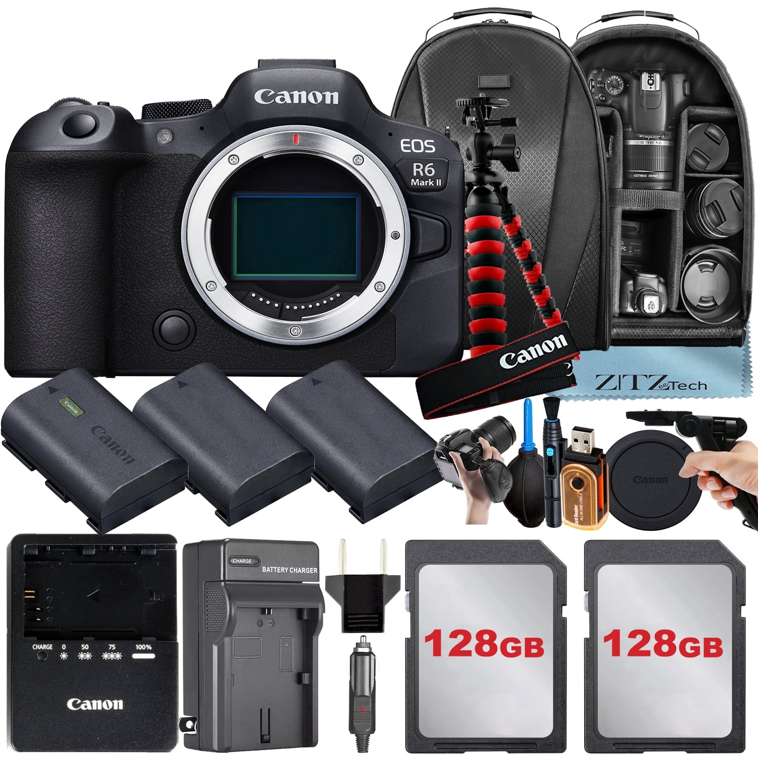 Canon EOS R6 Mark II Mirrorless Camera (Body Only) with 2 Pack 128GB Memory Card + 3 Pieces Battery + Backpack + Tripod + ZeeTech Accessory Bundle (International Version)