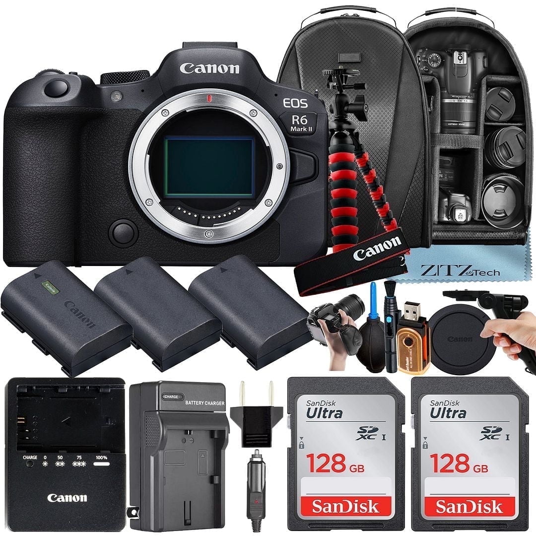 Canon EOS R6 Mark II Mirrorless Camera (Body Only) with 2 Pack 128GB SanDisk Memory Card + 3 Pieces Battery + Backpack + Tripod + ZeeTech Accessory Bundle